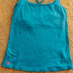 Blue tank with adjustable straps and built in bra